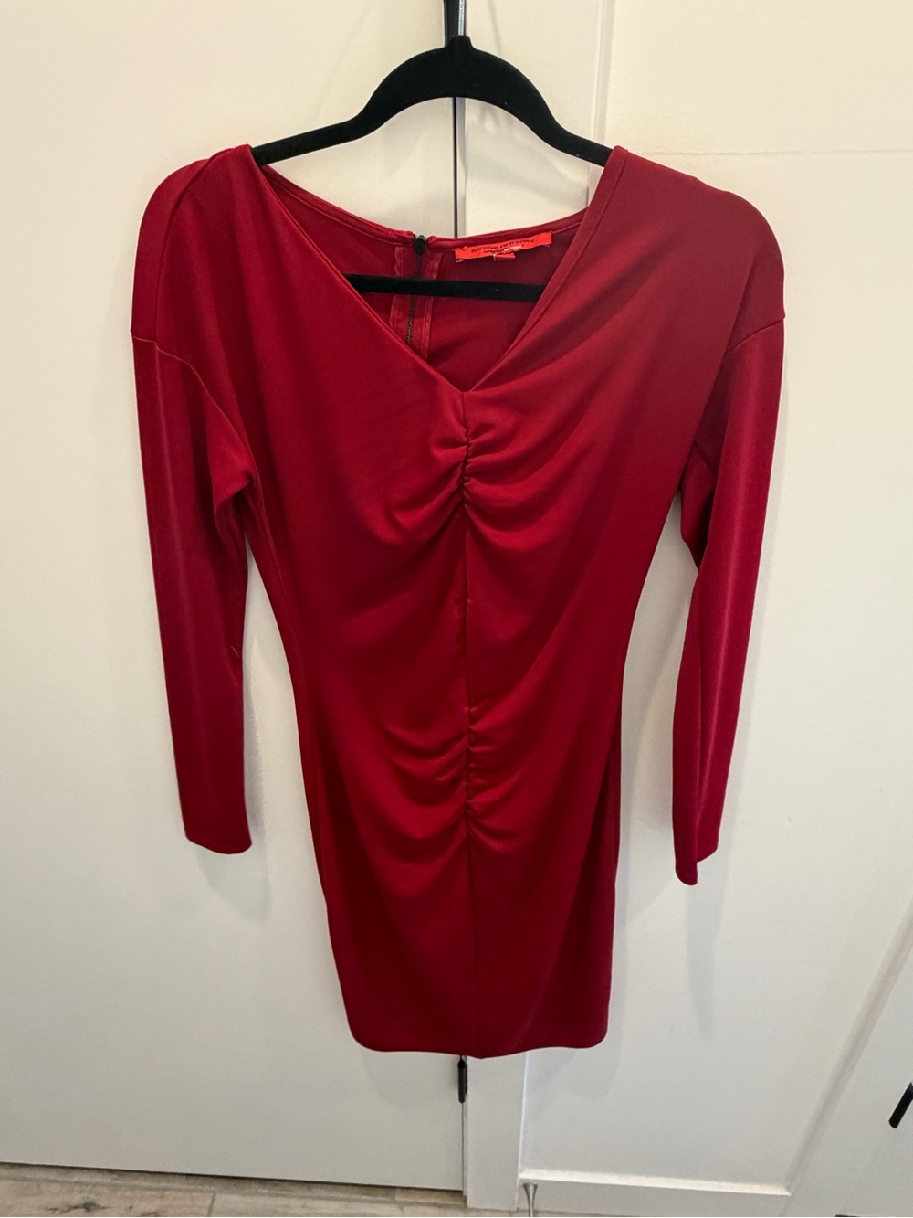 Red Ruched Long-Sleeve Women's Dress